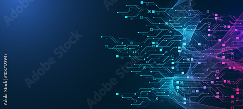 Artificial Intelligence with circuit electric line style. Digital futuristic machine learning design. AI graphic design for website, banner, header, social media, mobile app, UI. Vector illustration