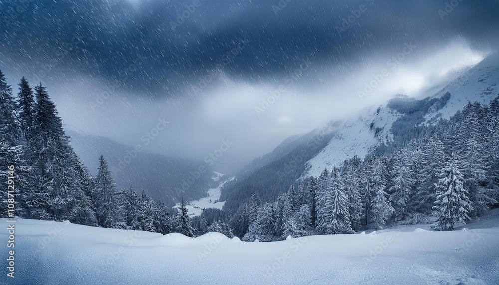 Fototapeta premium Heavy snowfall blanketing a mountain landscape, winter weather