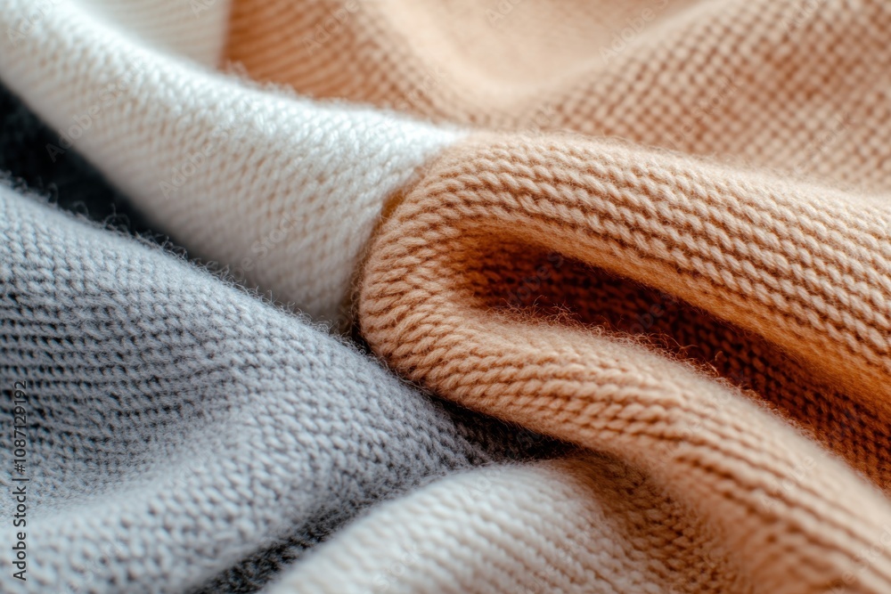 Close view of interwoven beige, white, and gray knitted fabrics displaying rich textures and soothing tones, perfect for the modern interior aesthetic. Close view of interwoven beige, white, and gray knitted fabrics displaying rich textures and soothing tones, perfect for the modern interior aesthetic.