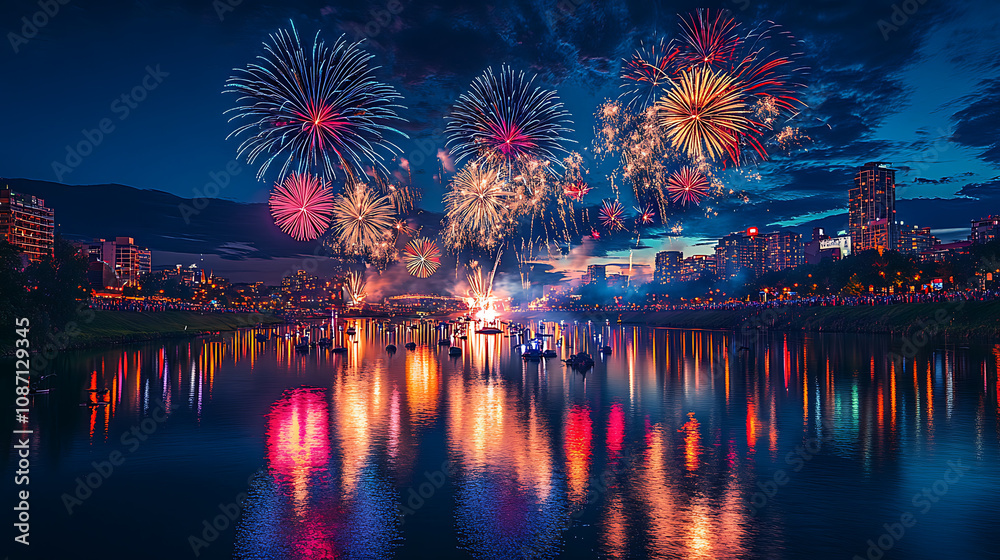 Obraz premium Fireworks exploding over a cityscape at midnight, reflecting vibrant colors on a calm river, with a festive crowd in silhouette Highlighting the beauty of imperfections f/1.4 wide aperture Centered 