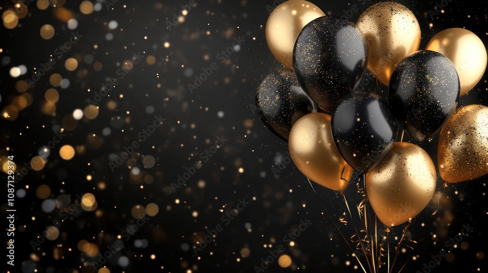 Naklejka premium Black and Golden Balloons with Sparkles on Dark Background