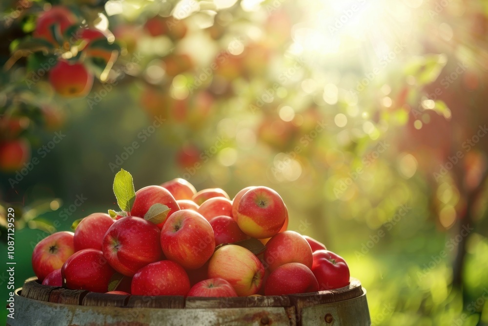 Ripe Red Apples Fill Barrel in Orchard Sunlight Beautifully