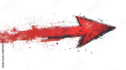 Hand-drawn red arrow with upward curve, featuring brush stroke style and marker texture, showing dynamic movement against white background. photo