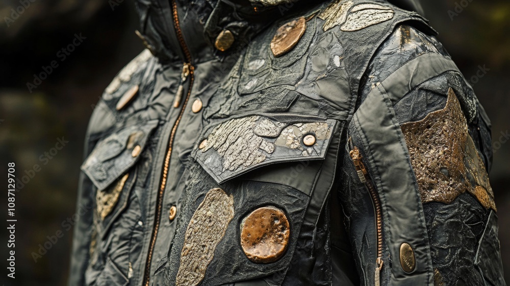Reflective Fashion Jacket with Organic Textures, Modern Design, Unique Blend of Materials, Stylish and Functional Wear Reflective Fashion Jacket with Organic Textures, Modern Design, Unique Blend of Materials, Stylish and Functional Wear