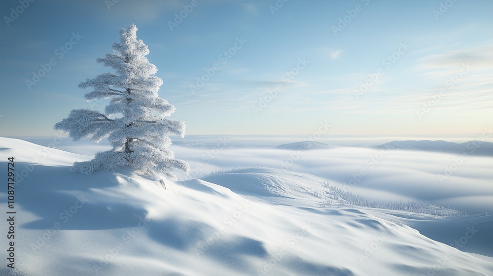 Solitary snow-covered tree on a serene winter landscape with rolling hills under a blue sky Solitary snow-covered tree on a serene winter landscape with rolling hills under a blue sky