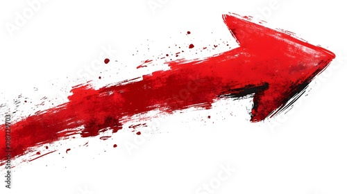 Hand-drawn red arrow with upward curve, featuring brush stroke style and marker texture, showing dynamic movement against white background. photo