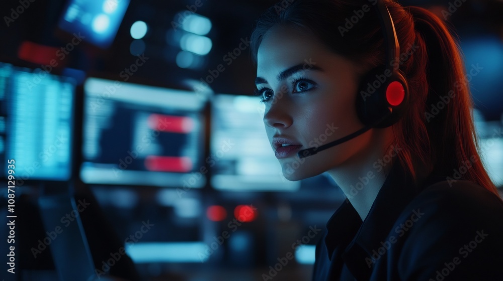 Saleswoman Providing Professional Customer Service in Sleek Call Center Environment Saleswoman Providing Professional Customer Service in Sleek Call Center Environment