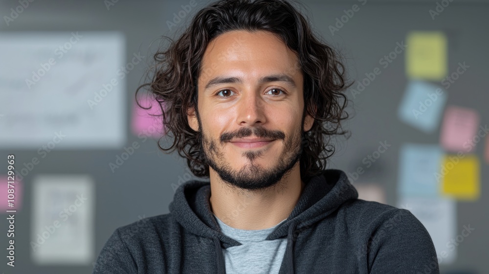 A man with a beard and a black hoodie is smiling A man with a beard and a black hoodie is smiling