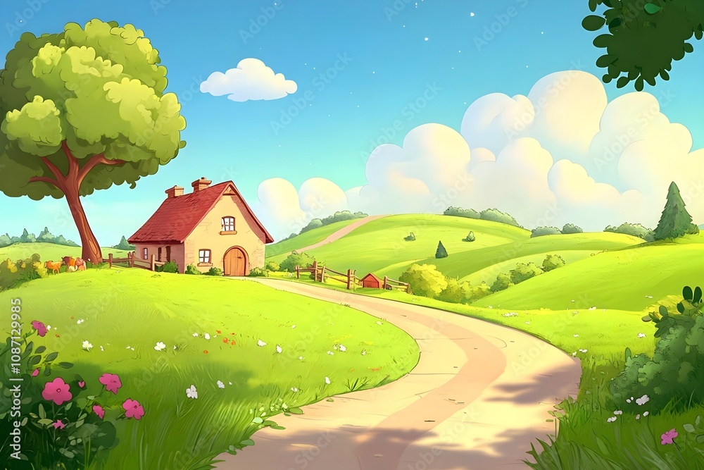 Fototapeta premium Beautiful landscape vector illustration of mountains, forests, fields and meadows. Stunning panoramic farm landscape with mountains in the background. Natural landscape