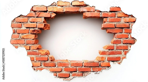 a brick wall with a large hole in the center. The bricks are red in color, laid in a traditional checkerboard pattern using a gray mortar. The hole has uneven edges, as if part of the wall has been de