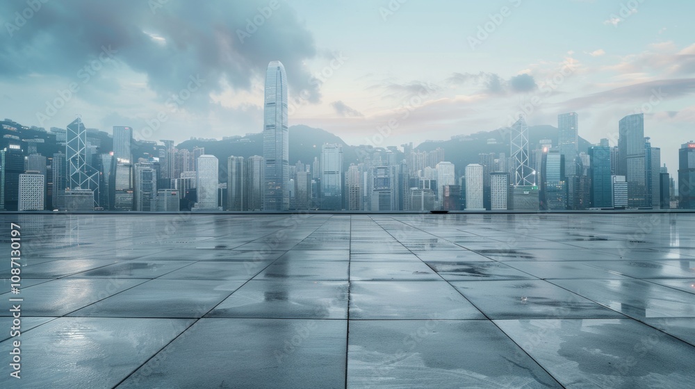 Empty square floor with city skyline background, Contemporary cityscape canvas, dynamic cityscape vista Empty square floor with city skyline background, Contemporary cityscape canvas, dynamic cityscape vista