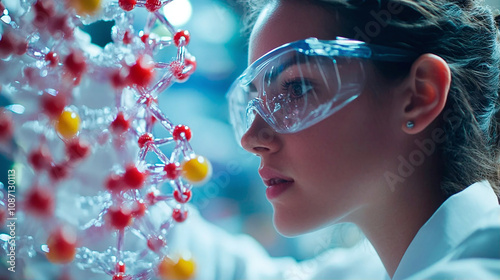 A close-up of a woman's face in safety glasses is shown. She looks at a model of a molecule consisting of interconnected spherical red elements that symbolize atoms.
