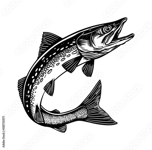 pike fish engraving black and white outline