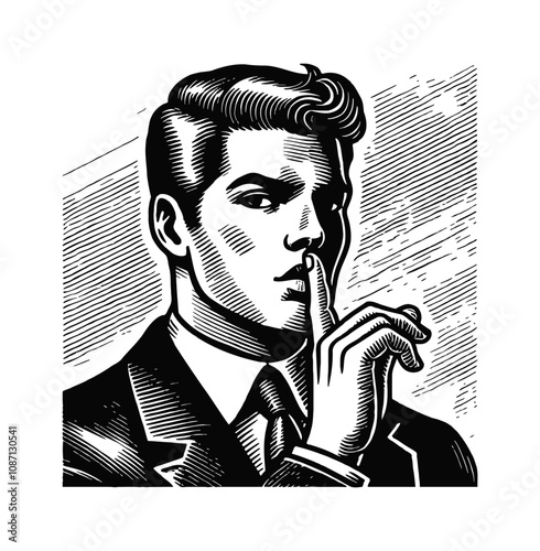retro man finger silence pose engraving black and white outline