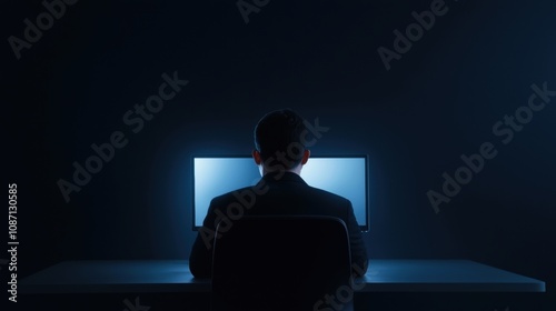 A man is sitting in front of a computer monitor with a black background