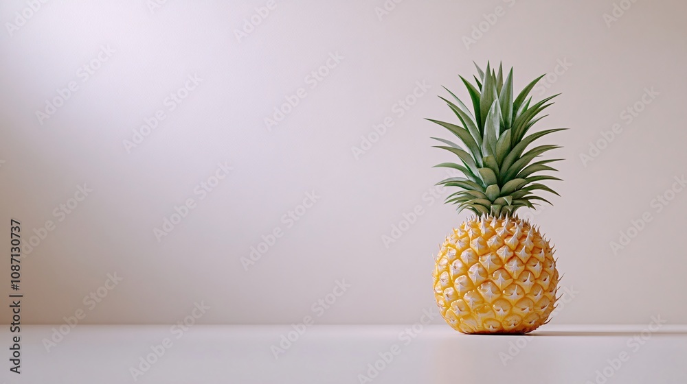 Isolated on white background a single bright yellow pineapple with spiky green leaves upright with side empty space for text Stockphoto style Isolated on white background a single bright yellow pineapple with spiky green leaves upright with side empty space for text Stockphoto style