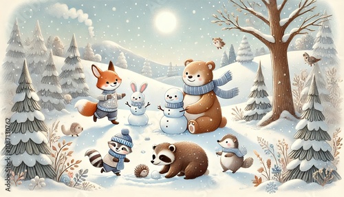 Cozy Winter Scene of Five Adorable Animals Playing in the Snow Under a Bright Sunny Sky in a Gentle Storybook Style