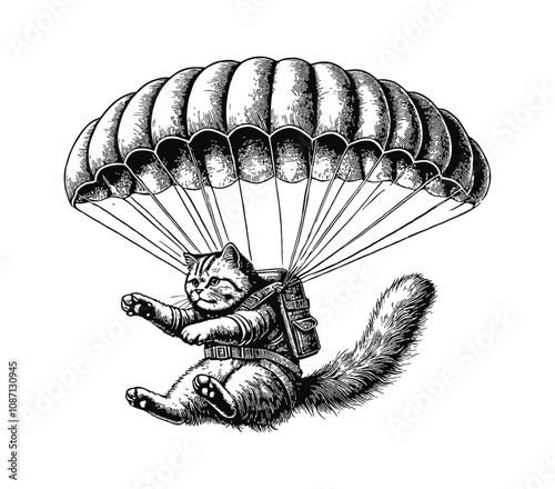 cat wearing a parachute engraving black and white outline