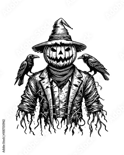 scarecrow ghost pumpkin head crow bird engraving black and white outline