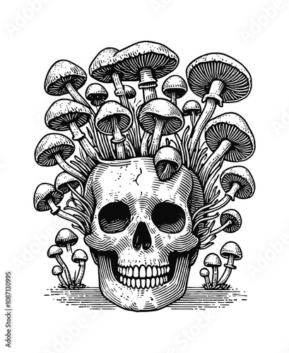 skull with mushrooms growing engraving black and white outline
