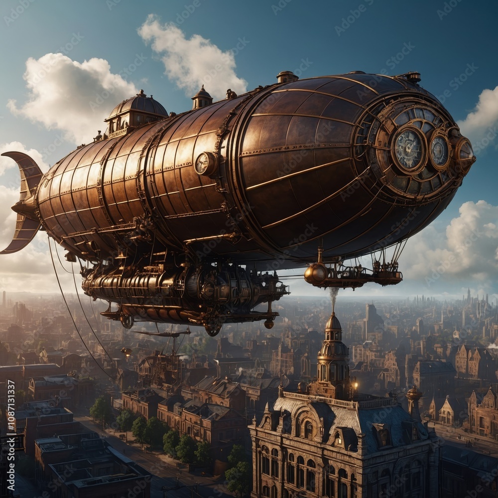 A steampunk airship soaring above a steampunk city, with intricate gears, steam, and Victorian-era architecture, creating a fascinating, futuristic vibe A steampunk airship soaring above a steampunk city, with intricate gears, steam, and Victorian-era architecture, creating a fascinating, futuristic vibe