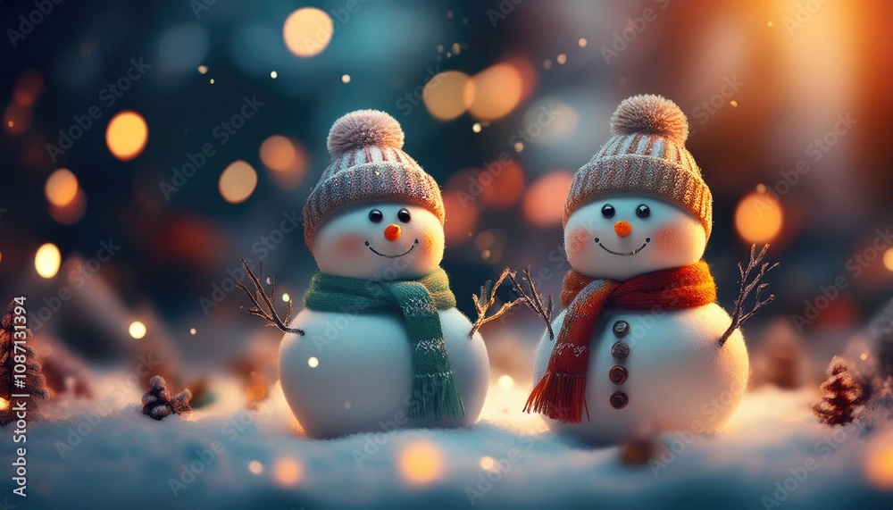Cute Snowmen in Christmas Scene Cute Snowmen in Christmas Scene