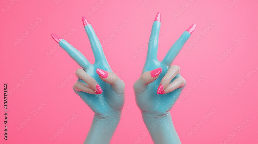 Two hands with pink nails making a peace sign gesture against a bright pink background. Two hands with pink nails making a peace sign gesture against a bright pink background.