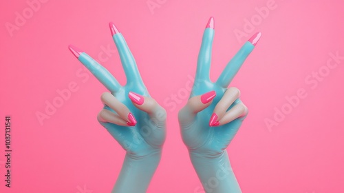 Two hands with pink nails making a peace sign gesture against a bright pink background.