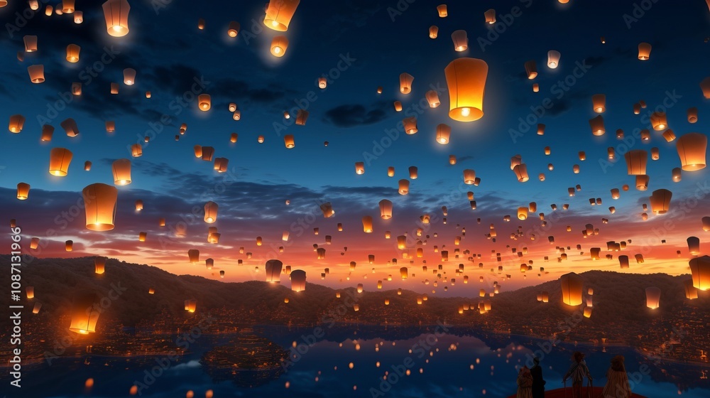 Sky Filled with Glowing Lanterns at Celebration. Sky Filled with Glowing Lanterns at Celebration.