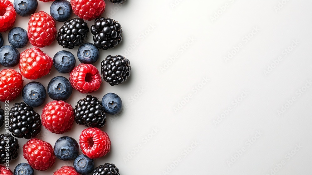Isolated on white background a cluster of mixed berries including raspberries blueberries and blackberries arranged loosely with side empty space for text Stockphoto style Isolated on white background a cluster of mixed berries including raspberries blueberries and blackberries arranged loosely with side empty space for text Stockphoto style