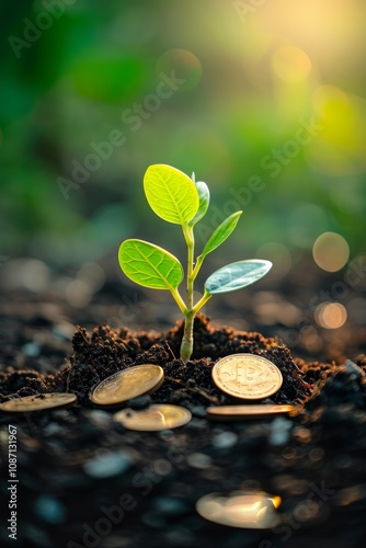 Saving money and energy concept. A seedling growing on a pile of coins.