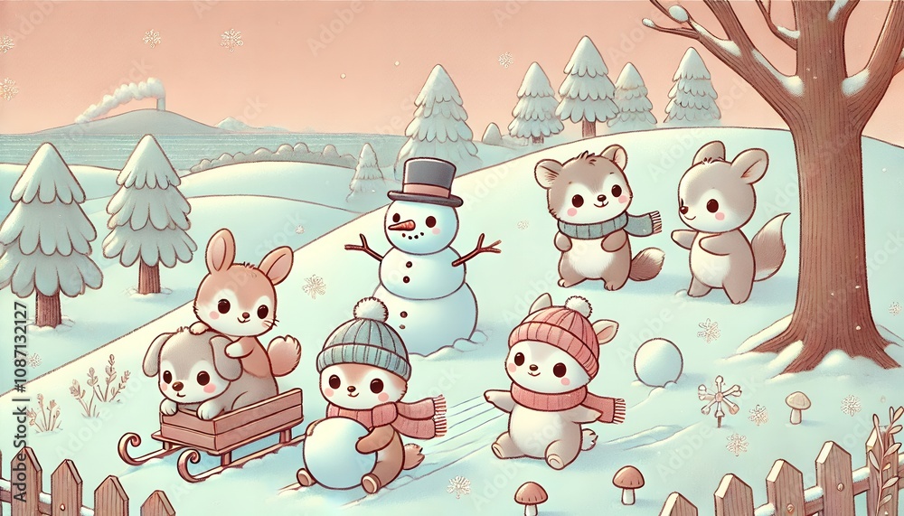 Fototapeta premium A Heartwarming Winter Scene of Five Adorable Animals Playing in the Snow