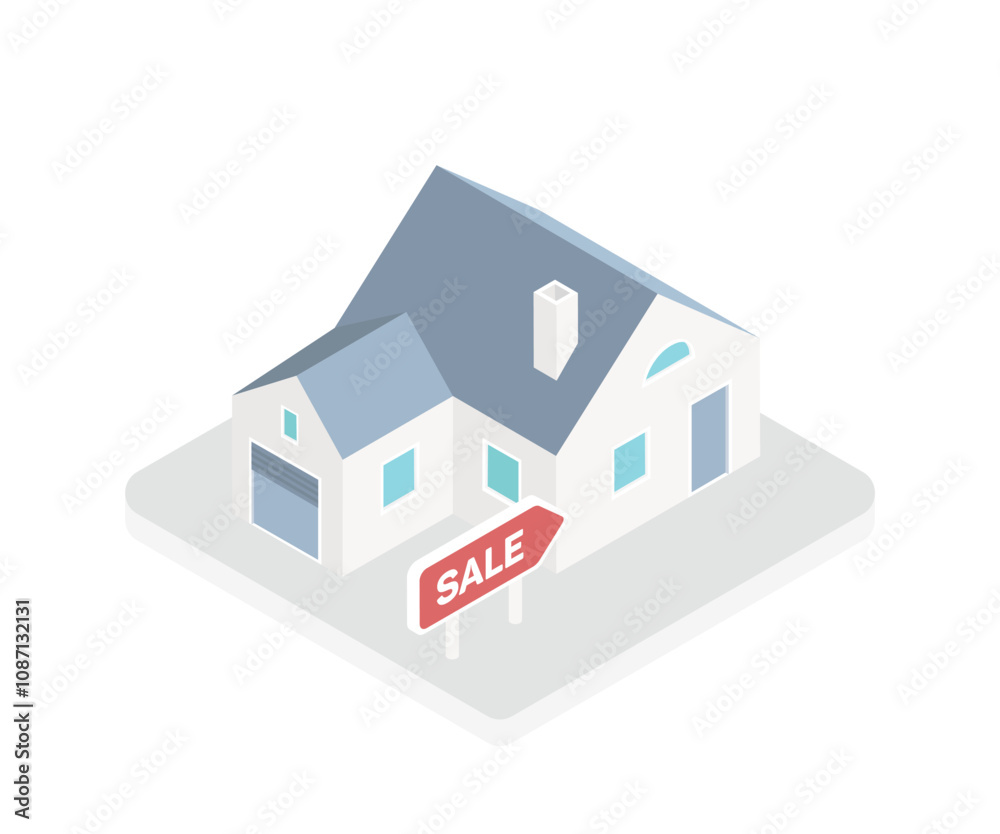 House for sale. Isometric buying a house with a mortgage and paying credit to the bank Invest money in real estate, home loans, rentals and home equity loans on white background. Isometric design. House for sale. Isometric buying a house with a mortgage and paying credit to the bank Invest money in real estate, home loans, rentals and home equity loans on white background. Isometric design.