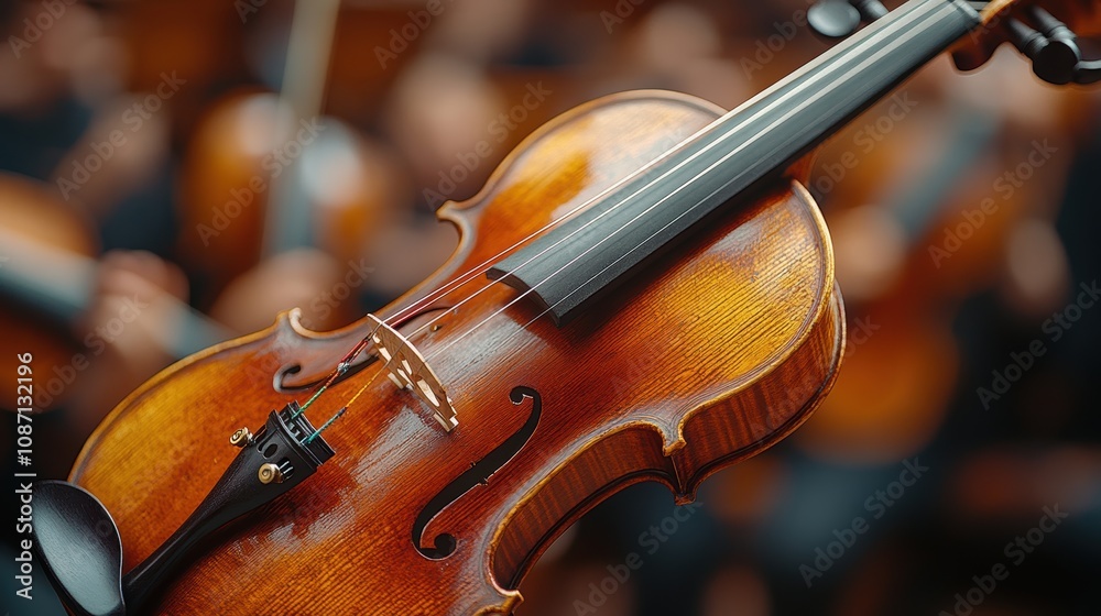 A beautifully crafted violin placed on its side against a blurred background of orchestra musicians showcasing elegant string detail and rich tones A beautifully crafted violin placed on its side against a blurred background of orchestra musicians showcasing elegant string detail and rich tones