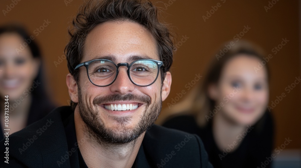 A man with glasses is smiling and looking at the camera