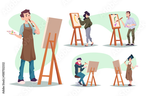 Artists working. Painters drawing beautiful paints using easel sculpting and sketching exact vector characters