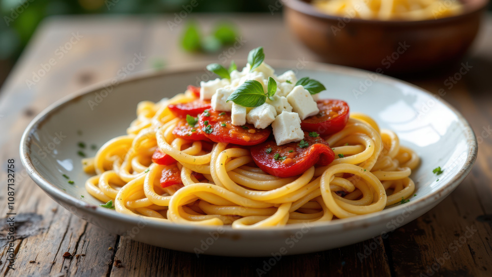 A delicious dish of mafaldine pasta topped with cherry tomatoes and crumbled feta cheese, ready to serve on a wooden table.