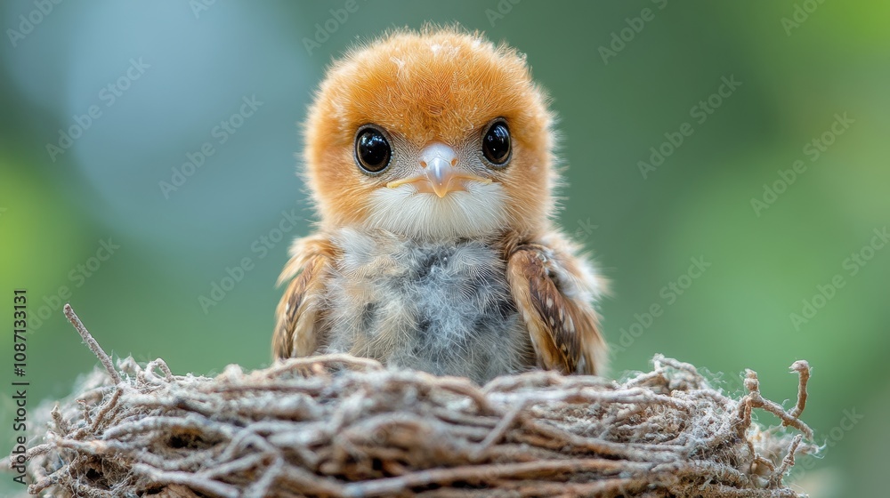 Obraz premium A fluffy little orange and brown bird perched adorably on a intricately woven nest, surrounded by a soft green blurred background resembling nature's embrace
