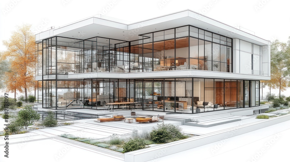 Modern glass house with open spaces and surrounding greenery. Modern glass house with open spaces and surrounding greenery.