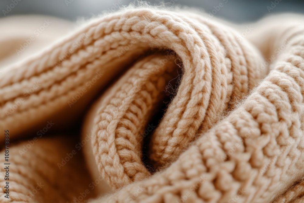 The image captures the intricate folds and textures of beige knit fabric, presenting a soft and warm atmosphere, highlighting craftsmanship in a minimal design. The image captures the intricate folds and textures of beige knit fabric, presenting a soft and warm atmosphere, highlighting craftsmanship in a minimal design.