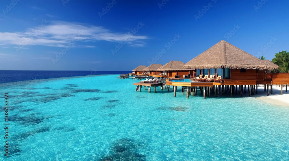 Aerial view of luxurious overwater bungalows in a tropical turquoise sea Aerial view of luxurious overwater bungalows in a tropical turquoise sea