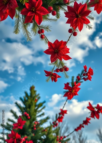 Christmas garland with red pionsettia flowers pine twigs and decorations christmas wreath decoration holiday frame photo