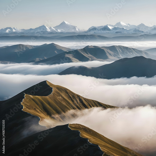 Beautiful shot of high white hilltops and mountains covered in fog