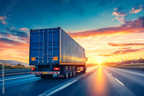 A semi truck driving down a highway at sunset