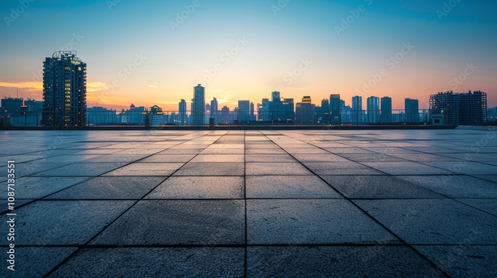 Empty square floor with city skyline background, Metropolitan mosaic, mosaic-style composition Empty square floor with city skyline background, Metropolitan mosaic, mosaic-style composition