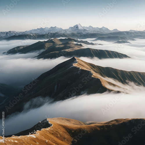 Beautiful shot of high white hilltops and mountains covered in fog