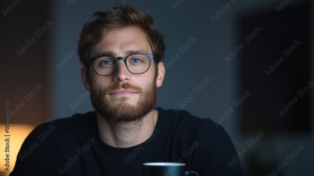 A man with glasses and a beard is sitting at a table with a cup in front of him A man with glasses and a beard is sitting at a table with a cup in front of him