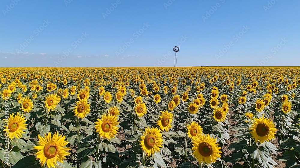 Obraz premium Vibrant Sunflower Field Under Clear Blue Sky