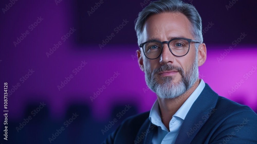 Fototapeta premium A man wearing glasses and a suit is standing in front of a purple background