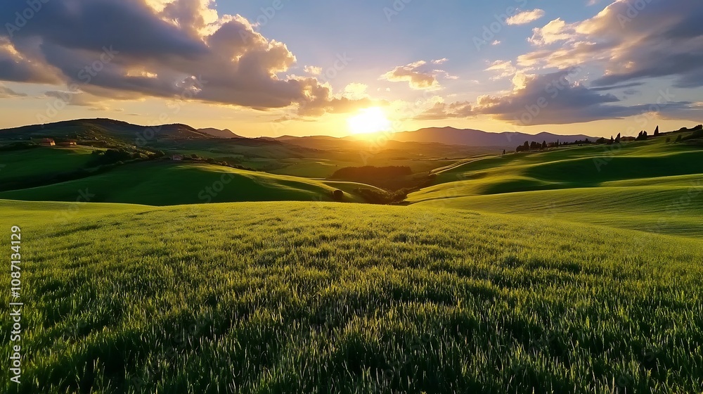 Obraz premium Idyllic Countryside Landscape at Golden Sunset with Rolling Green Hills and Scattered Clouds